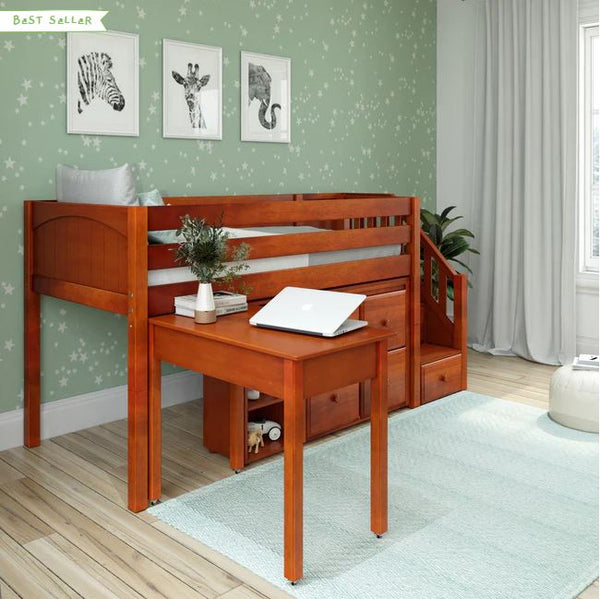 Twin Low Loft Panel Bed with Stairs, Storage + Desk