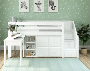 Twin Low Loft Panel Bed with Stairs, Storage + Desk