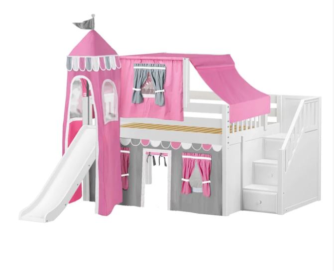 Full Low Loft Bed with Stairs, Slide, Top Tent, Underbed Curtain and Slide Tower