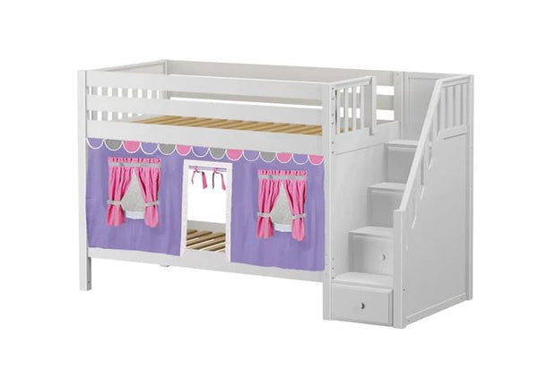 Twin Low Bunk Bed with Stairs with Underbed Curtain