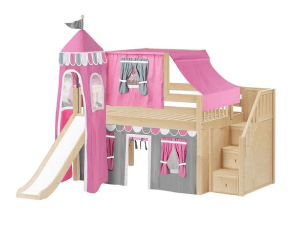 Full Low Loft Bed with Stairs, Slide, Top Tent, Underbed Curtain and Slide Tower