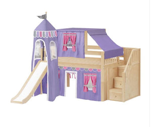 Full Low Loft Bed with Stairs, Slide, Top Tent, Underbed Curtain and Slide Tower