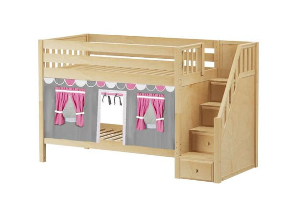 Twin Low Bunk Bed with Stairs with Underbed Curtain