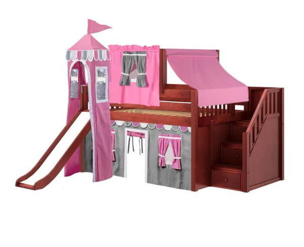 Full Low Loft Bed with Stairs, Slide, Top Tent, Underbed Curtain and Slide Tower