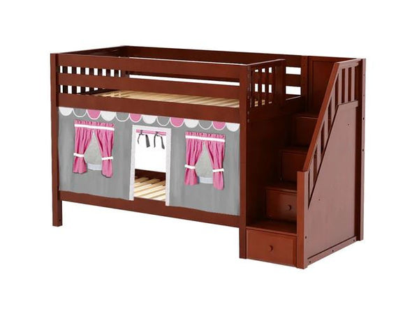 Twin Low Bunk Bed with Stairs with Underbed Curtain