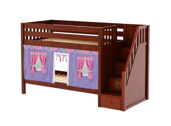 Twin Low Bunk Bed with Stairs with Underbed Curtain