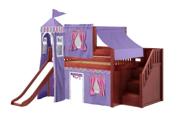 Full Low Loft Bed with Stairs, Slide, Top Tent, Underbed Curtain and Slide Tower