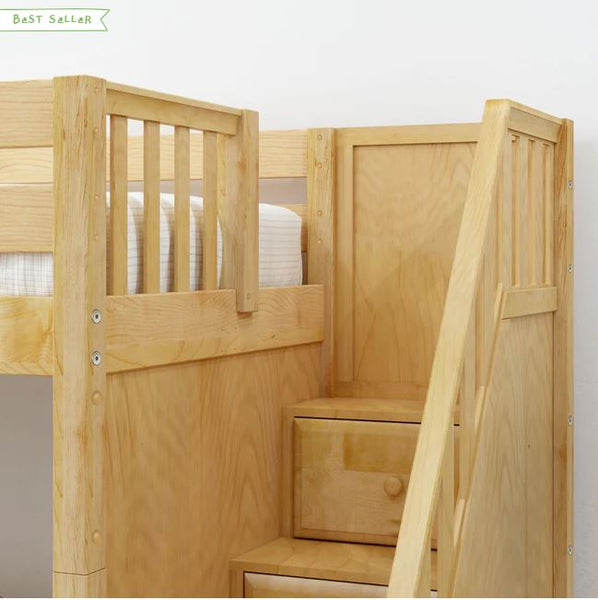 Twin Low Loft Panel Bed with Stairs, Storage + Desk