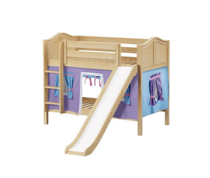 Twin Low Bunk Bed with Straight Ladder, Curtain + Slide