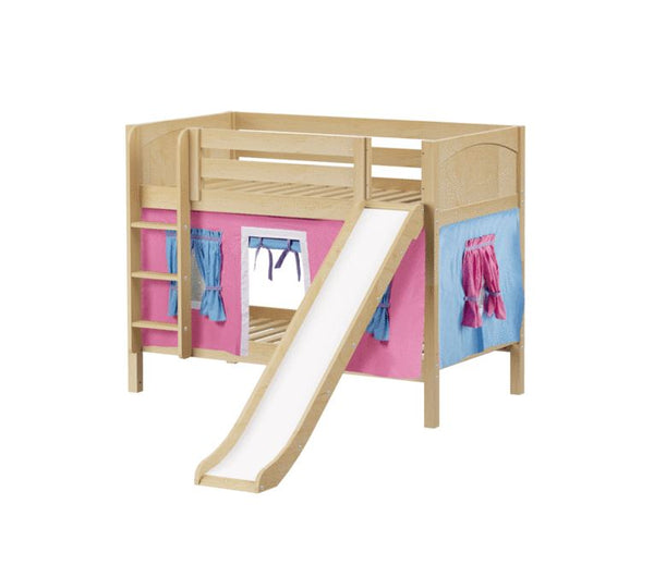 Twin Low Bunk Bed with Straight Ladder, Curtain + Slide