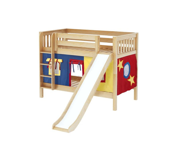 Twin Low Bunk Bed with Straight Ladder, Curtain + Slide