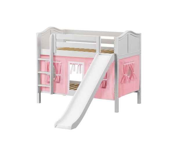 Twin Low Bunk Bed with Straight Ladder, Curtain + Slide