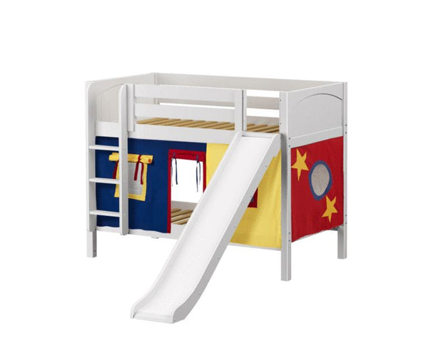 Twin Low Bunk Bed with Straight Ladder, Curtain + Slide