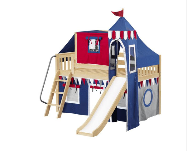 Twin Low Loft Bed with Angled Ladder, Curtain, Top Tent, Tower + Slide