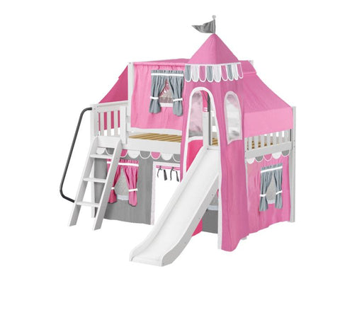Twin Low Loft Bed with Angled Ladder, Curtain, Top Tent, Tower + Slide
