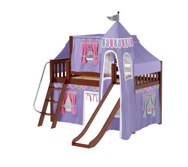 Twin Low Loft Bed with Angled Ladder, Curtain, Top Tent, Tower + Slide