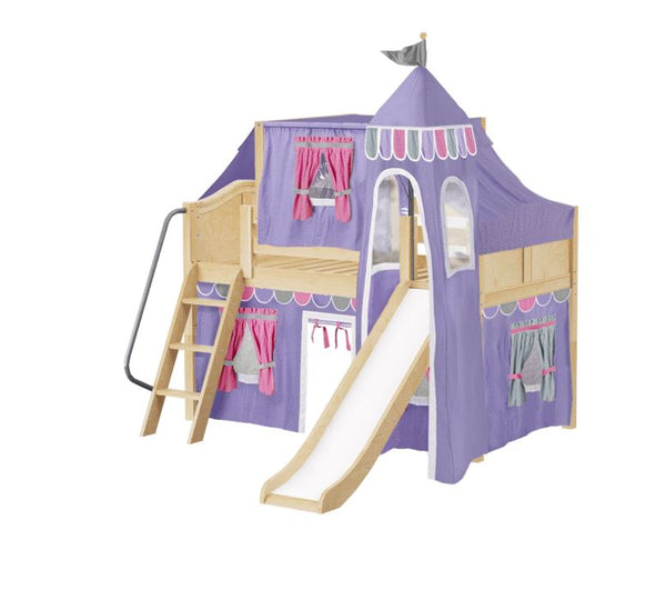 Twin Low Loft Bed with Angled Ladder, Curtain, Top Tent, Tower + Slide