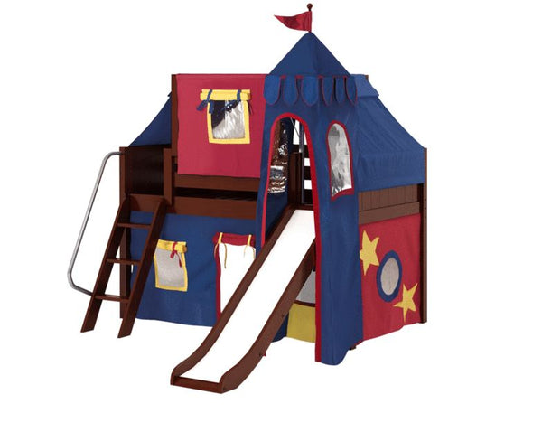 Twin Low Loft Bed with Angled Ladder, Curtain, Top Tent, Tower + Slide