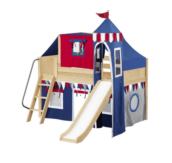 Twin Low Loft Bed with Angled Ladder, Curtain, Top Tent, Tower + Slide