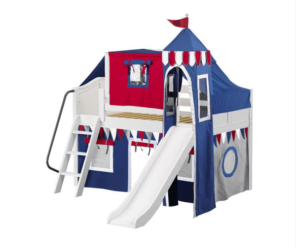 Twin Low Loft Bed with Angled Ladder, Curtain, Top Tent, Tower + Slide