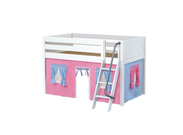 Twin Low Loft Bed with Angled Ladder + Curtain