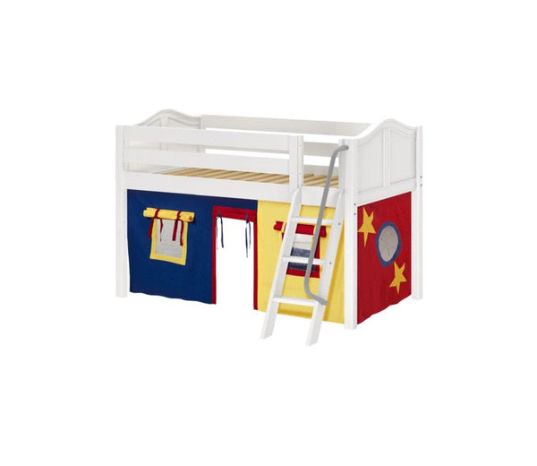 Twin Low Loft Bed with Angled Ladder + Curtain