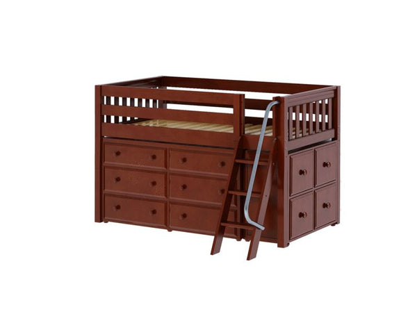 Twin Low Loft Bed with Angled Ladder + Dresser + Cube Unit.