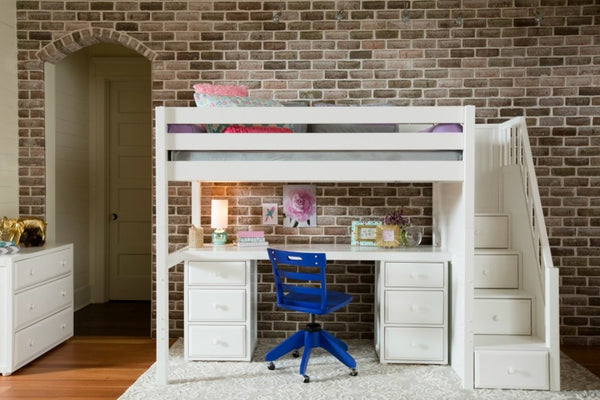 High Loft Bed w/Staircase, Long Desk and 2 - 3 Drawer Dresser